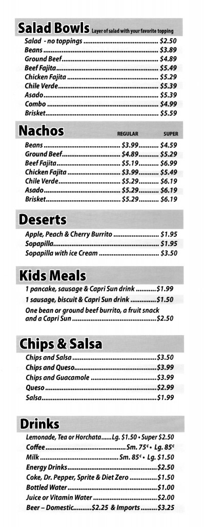 El Super Burrito's Salad and Nacho Menu