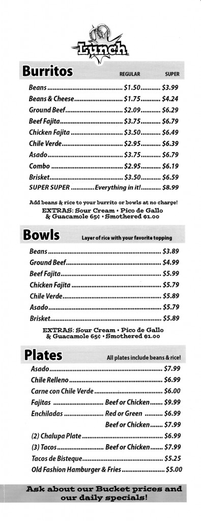 El Super Burrito's Lunch Menu