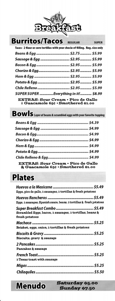 El Super Burrito's Breakfast Menu