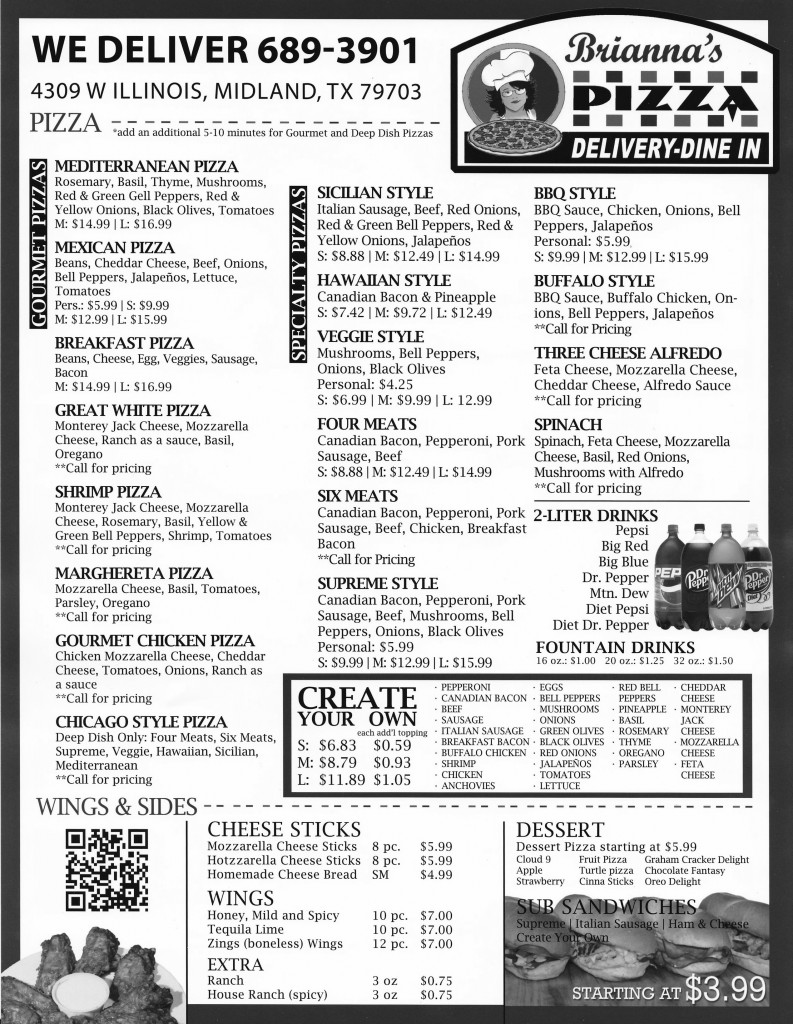 Brianna's Pizza Menu